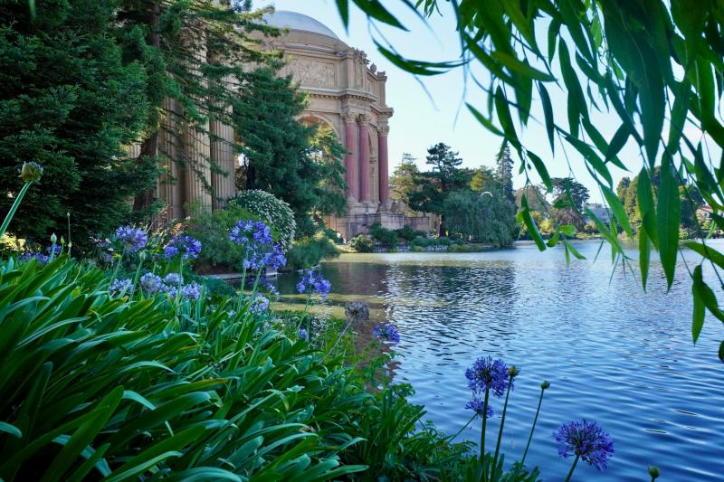Palace of Fine Arts in Golden Gate Park, showing water surrounded by flowers