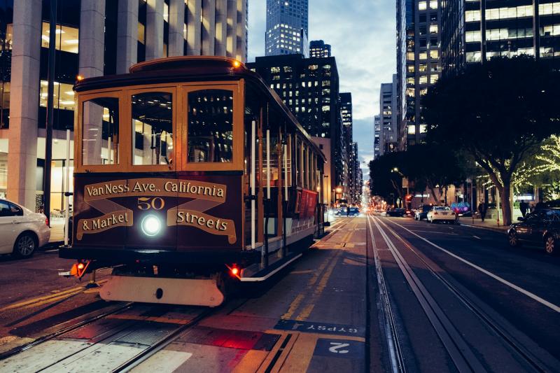 View of a street in San Francisco, showing a cable car