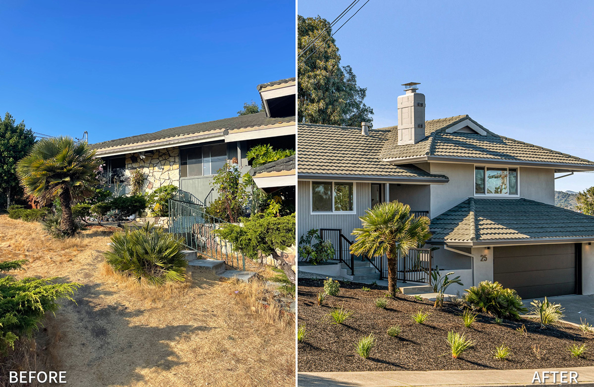 Before and after photo showing the facade