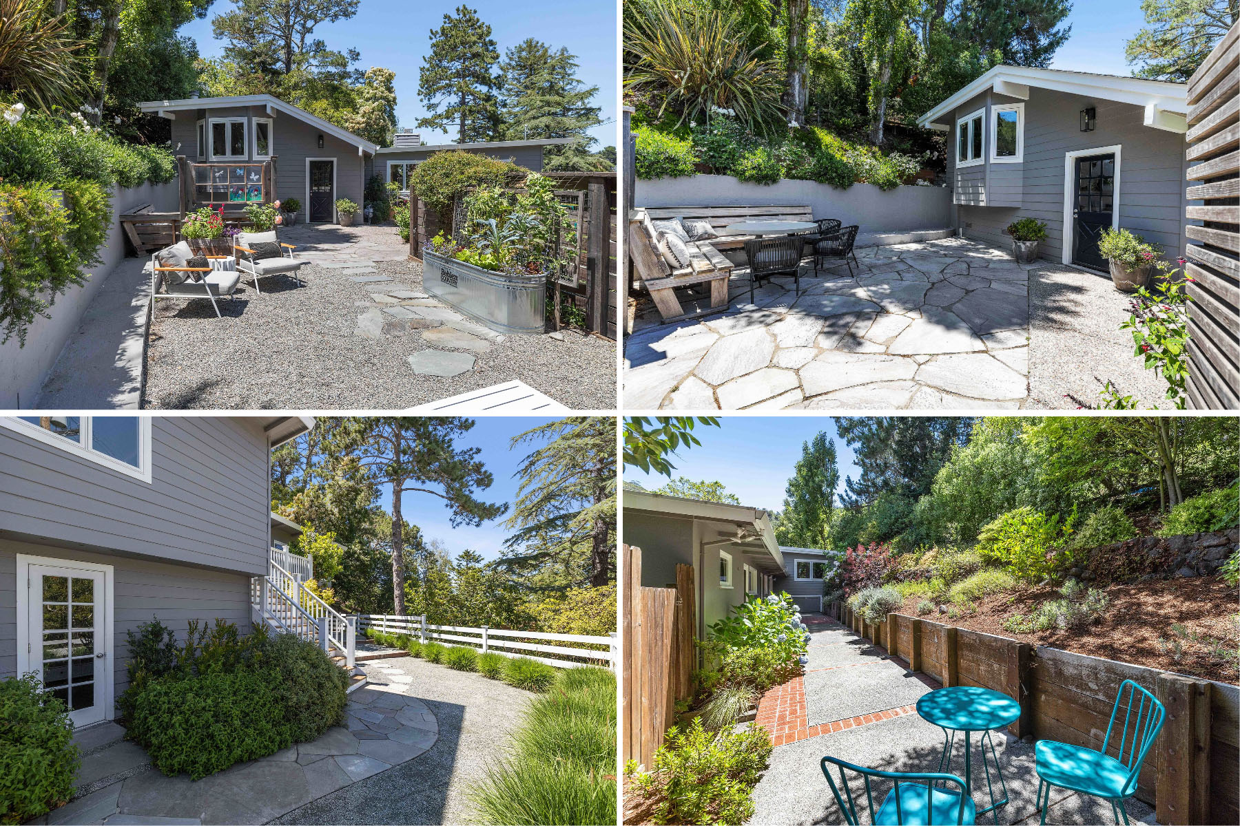 View of the yard, showing landscaping and newly potted plants by an outdoor living area