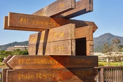 Wooden sign pointing in various directions to nearby Mt Tam and Point Reyes
