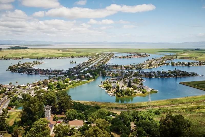 Aerial view of lagoons with homes in Novato, CA