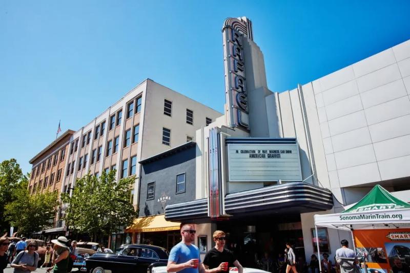 Front exterior view of a theater in San Rafael
