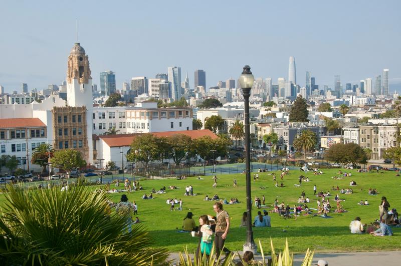 People lounging in a large park in San Francisco