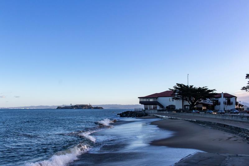 San Francisco Bay as seen from Belvedere, CA, showing a yacht club in the distance