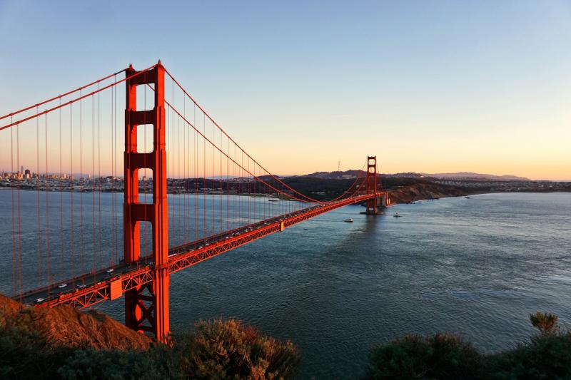 Aerial twilight view of the Golden Gate Bridge from Marin County, CA